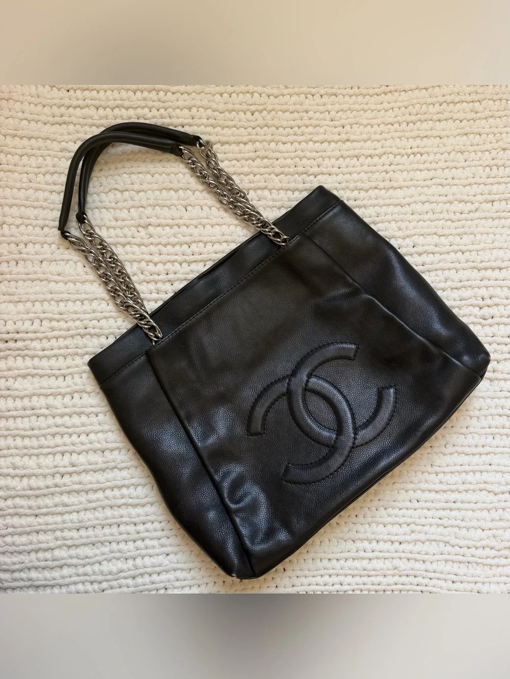 CHANEL Black Quilted CC Logo Shoulder Tote with Silver Chain Handles